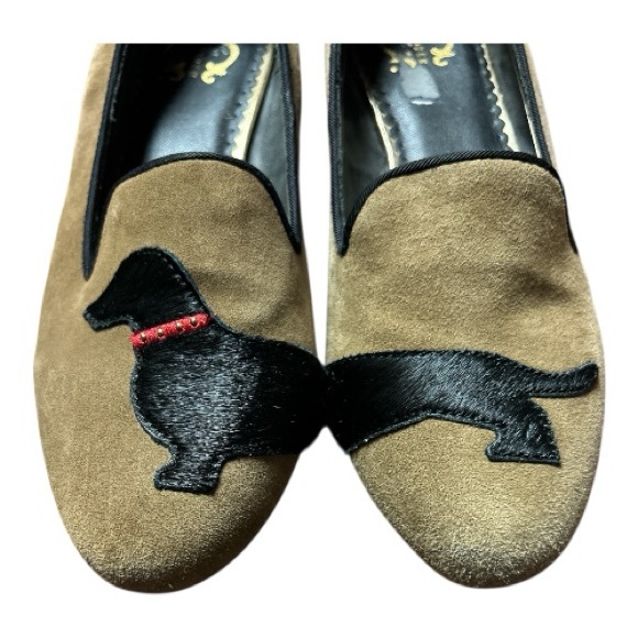 C WONDER DASCHAUND TAN SUEDE LEATHER CALF HAIR EMBROIDERED LOAFERS - Picture 2 of 5